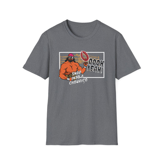 Gray t-shirt with graphic design of a character holding a chourico and text on a white background. Featuring Macho Man snapping into a chouriço, it’s perfect for anyone who loves WWE and Portugal!