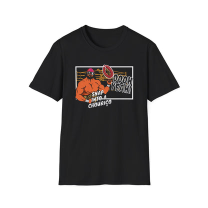 Black t-shirt with graphic design of a character holding a chourico and text on a white background. Featuring Macho Man snapping into a chouriço, it’s perfect for anyone who loves WWE and Portugal!