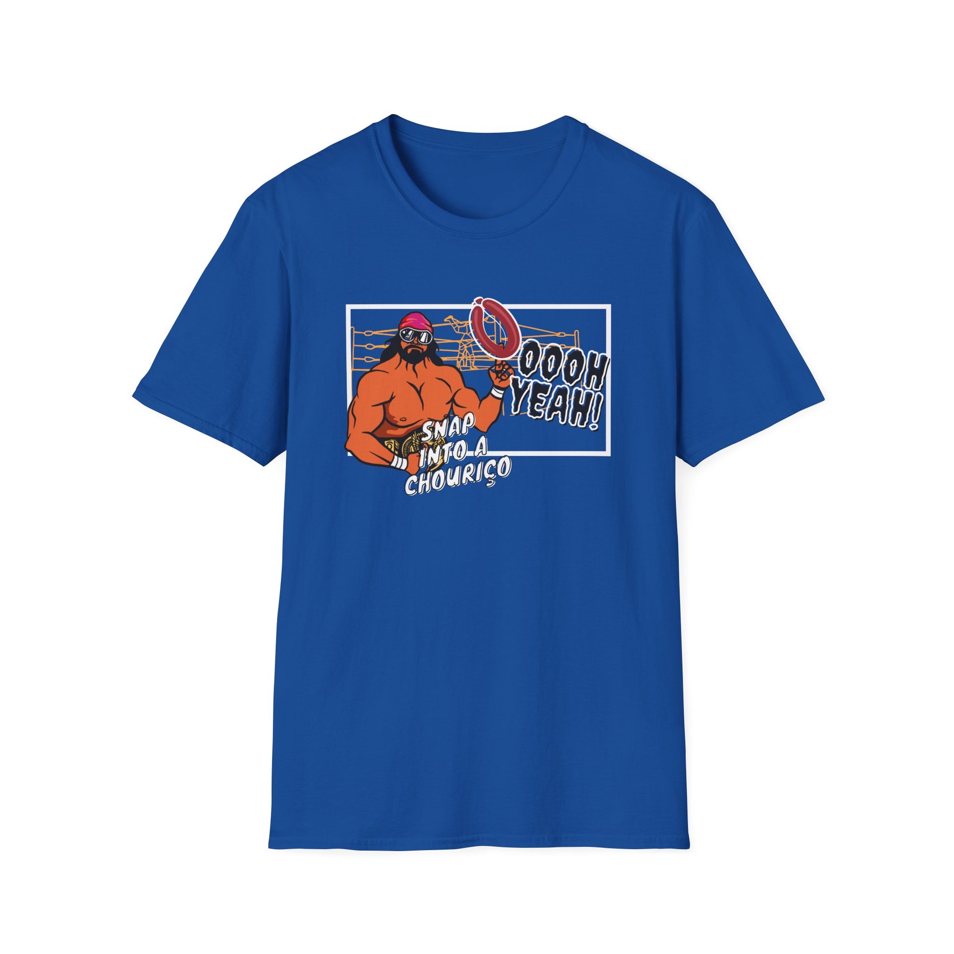 Blue t-shirt with graphic design of a character holding a chourico and text on a white background