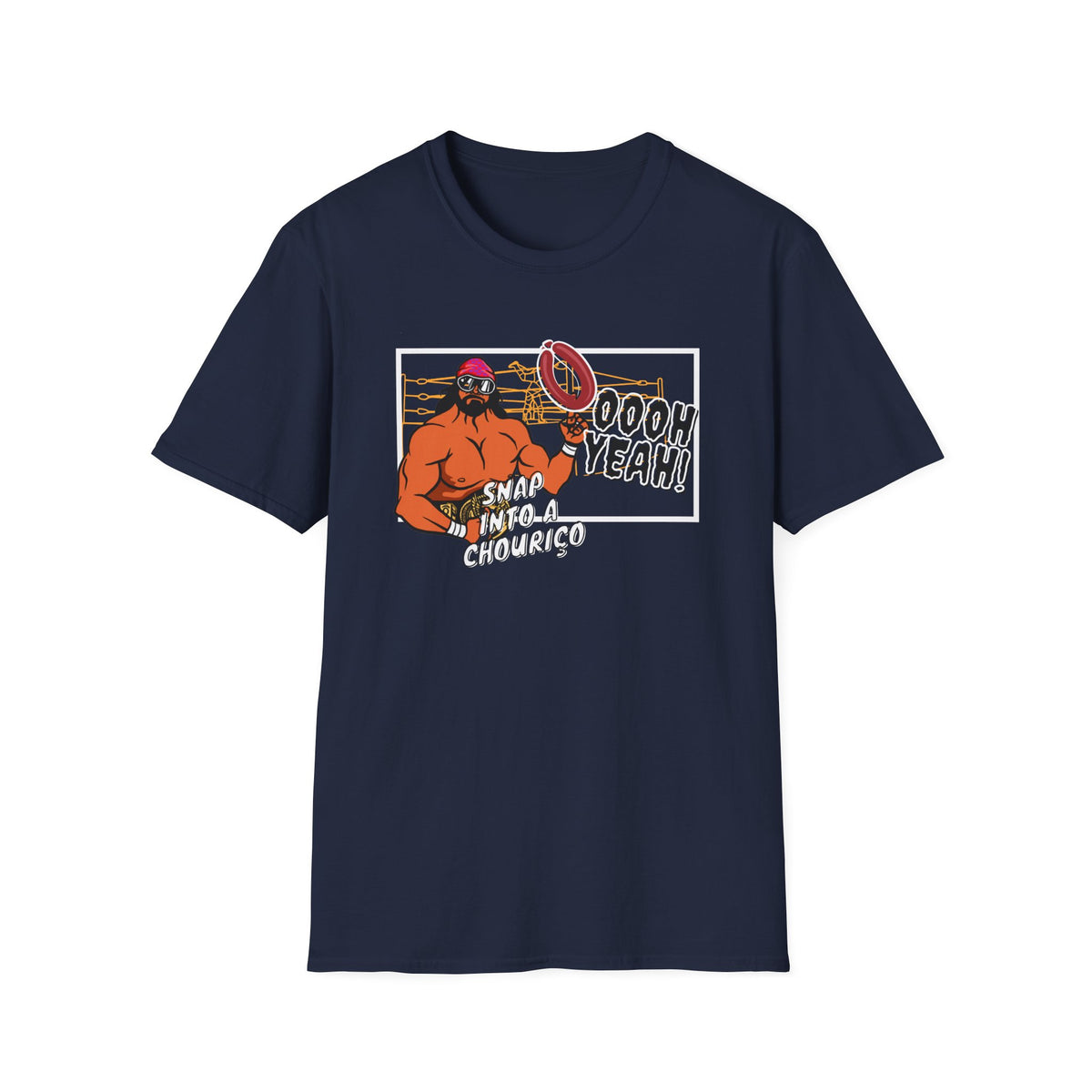 Navy blue t-shirt with graphic design featuring a character and text on a white background. Featuring Macho Man snapping into a chouriço, it’s perfect for anyone who loves WWE and Portugal!