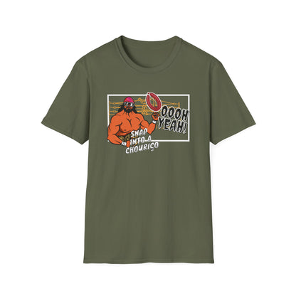 Chouriço Macho Man Portugal themed t-shirt Green.  t-shirt with graphic design of a character holding a chourico and text on a white background