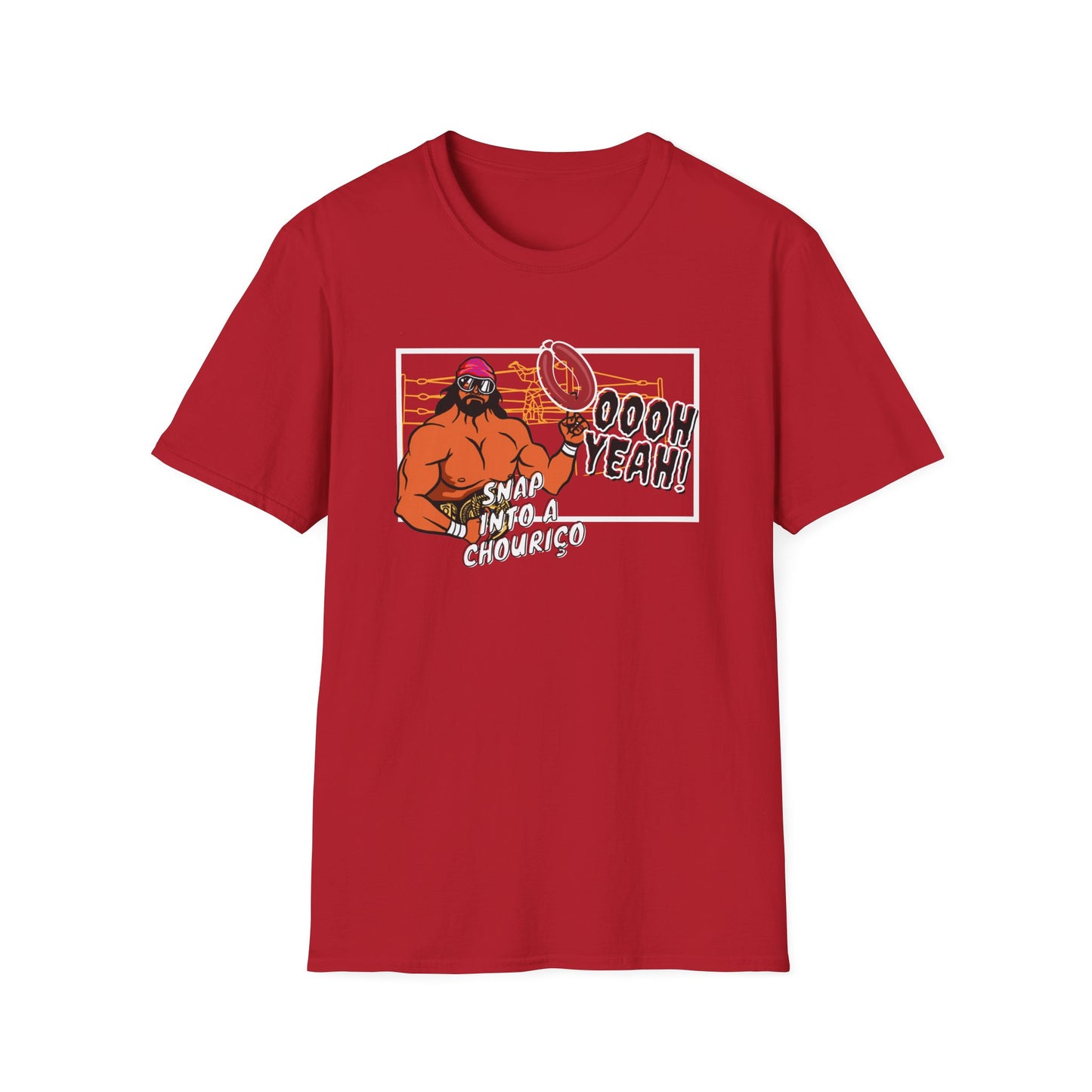 Red t-shirt with graphic design and text on a white background