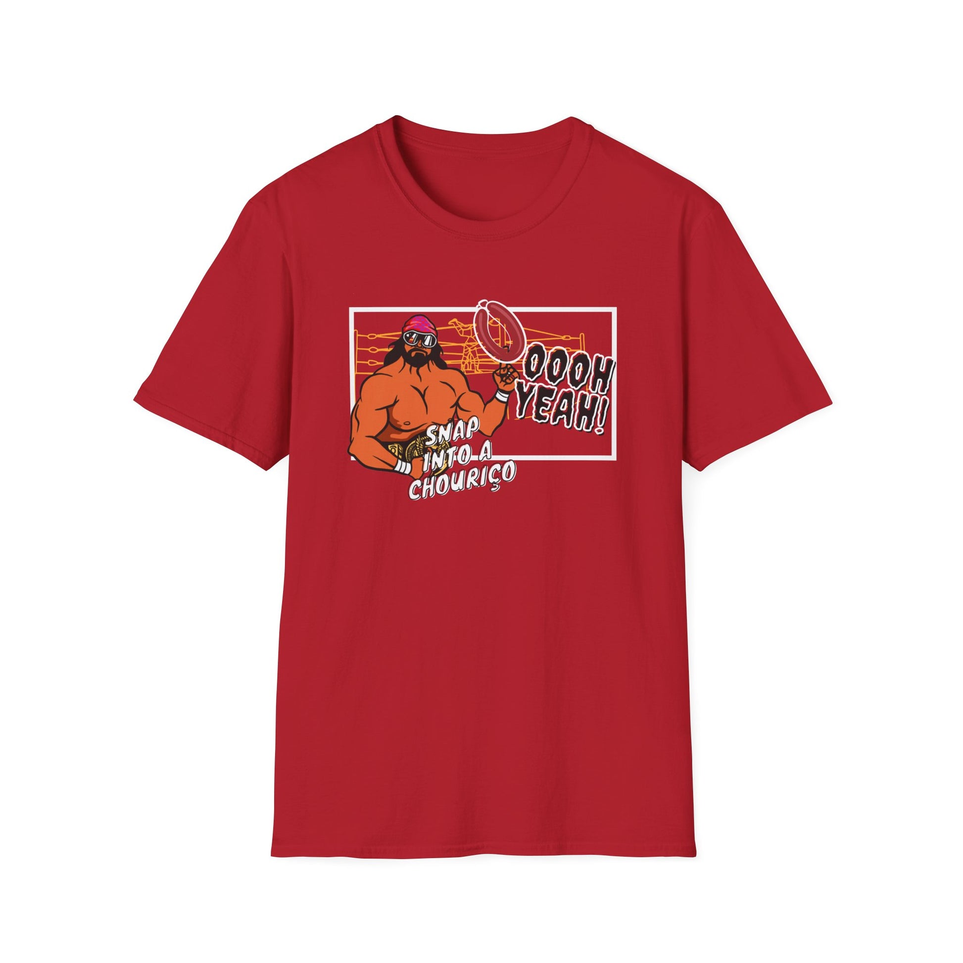 Red t-shirt with graphic design and text on a white background