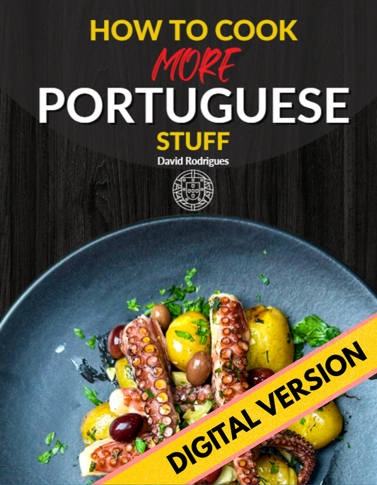 Book cover of 'How to Cook More Portuguese Stuff' with a dish on a blue plate.

